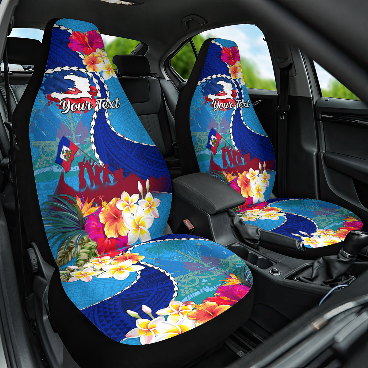 Personalised Haiti 220th Anniversary Independence Day Car Seat Cover Ayiti Flower with Polynesian Pattern LT03 One Size Blue - Polynesian Pride