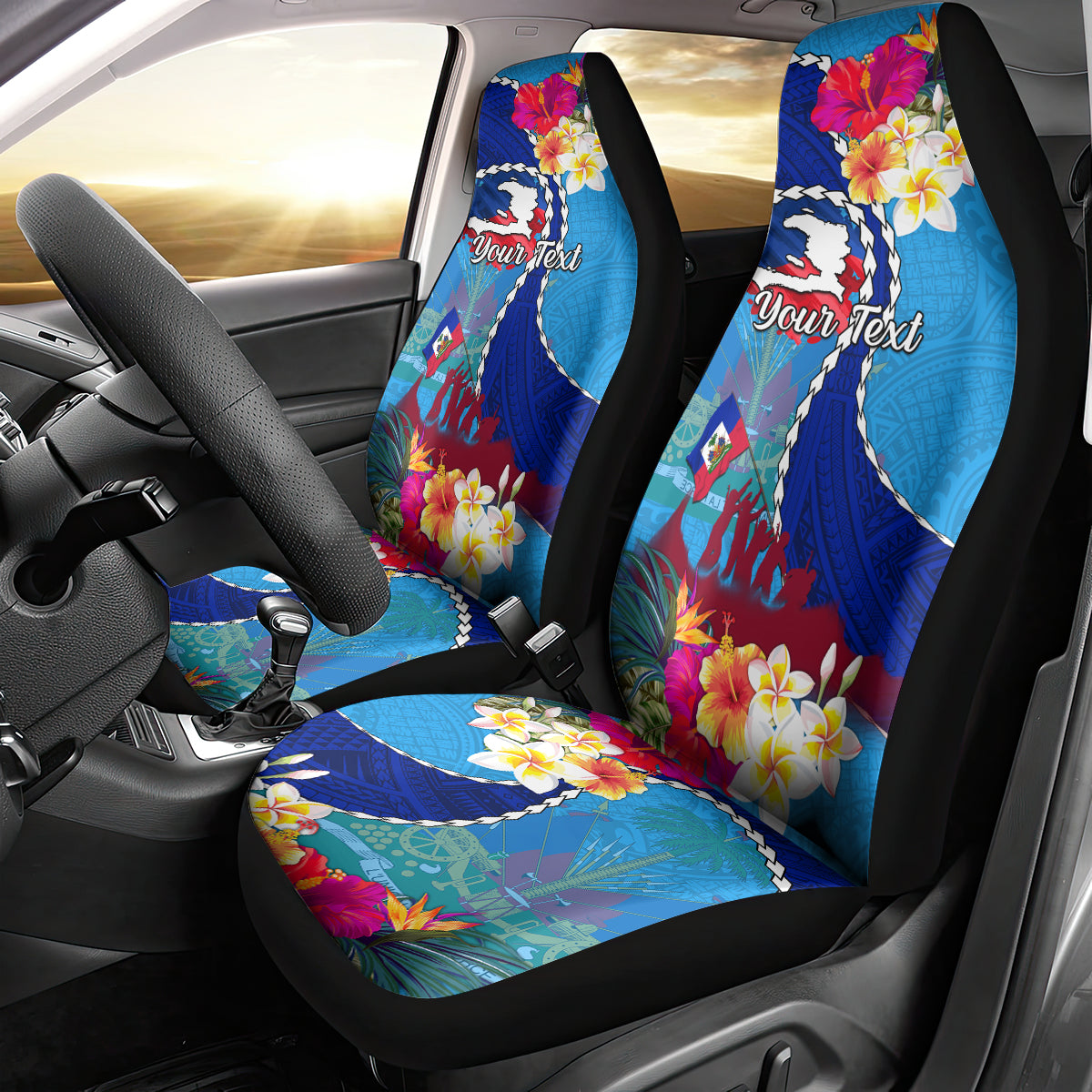 Personalised Haiti 220th Anniversary Independence Day Car Seat Cover Ayiti Flower with Polynesian Pattern LT03 - Polynesian Pride
