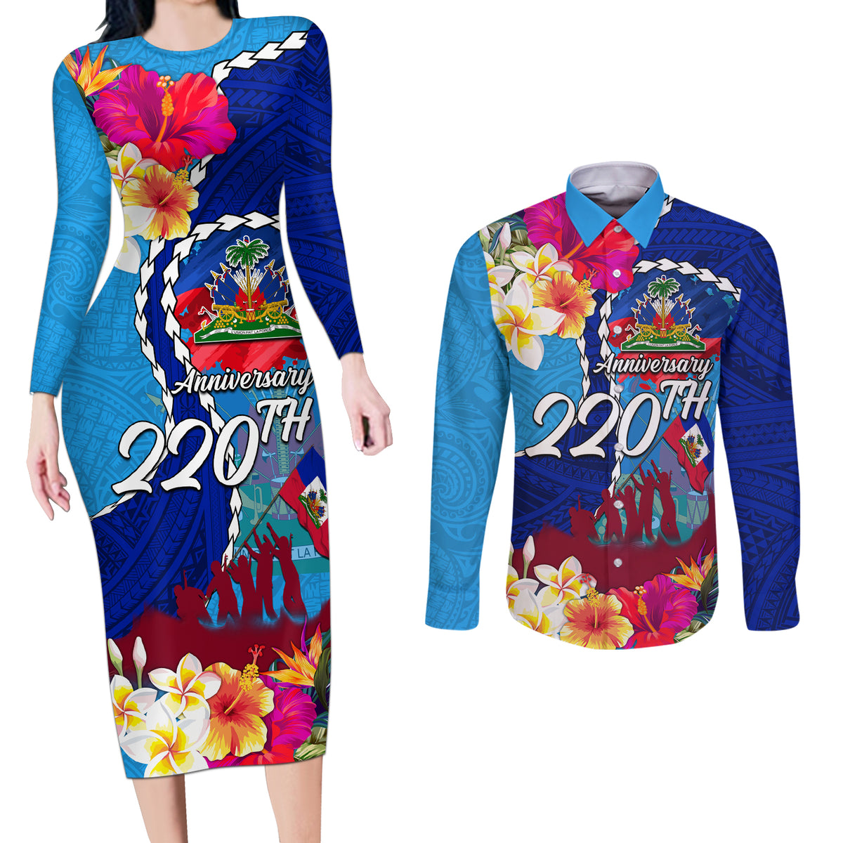 Personalised Haiti 220th Anniversary Independence Day Couples Matching Long Sleeve Bodycon Dress and Long Sleeve Button Shirt Ayiti Flower with Polynesian Pattern LT03 Blue - Polynesian Pride