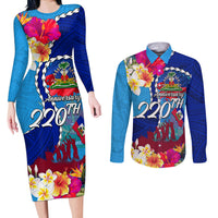 Personalised Haiti 220th Anniversary Independence Day Couples Matching Long Sleeve Bodycon Dress and Long Sleeve Button Shirt Ayiti Flower with Polynesian Pattern LT03 Blue - Polynesian Pride