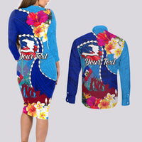 Personalised Haiti 220th Anniversary Independence Day Couples Matching Long Sleeve Bodycon Dress and Long Sleeve Button Shirt Ayiti Flower with Polynesian Pattern LT03 - Polynesian Pride