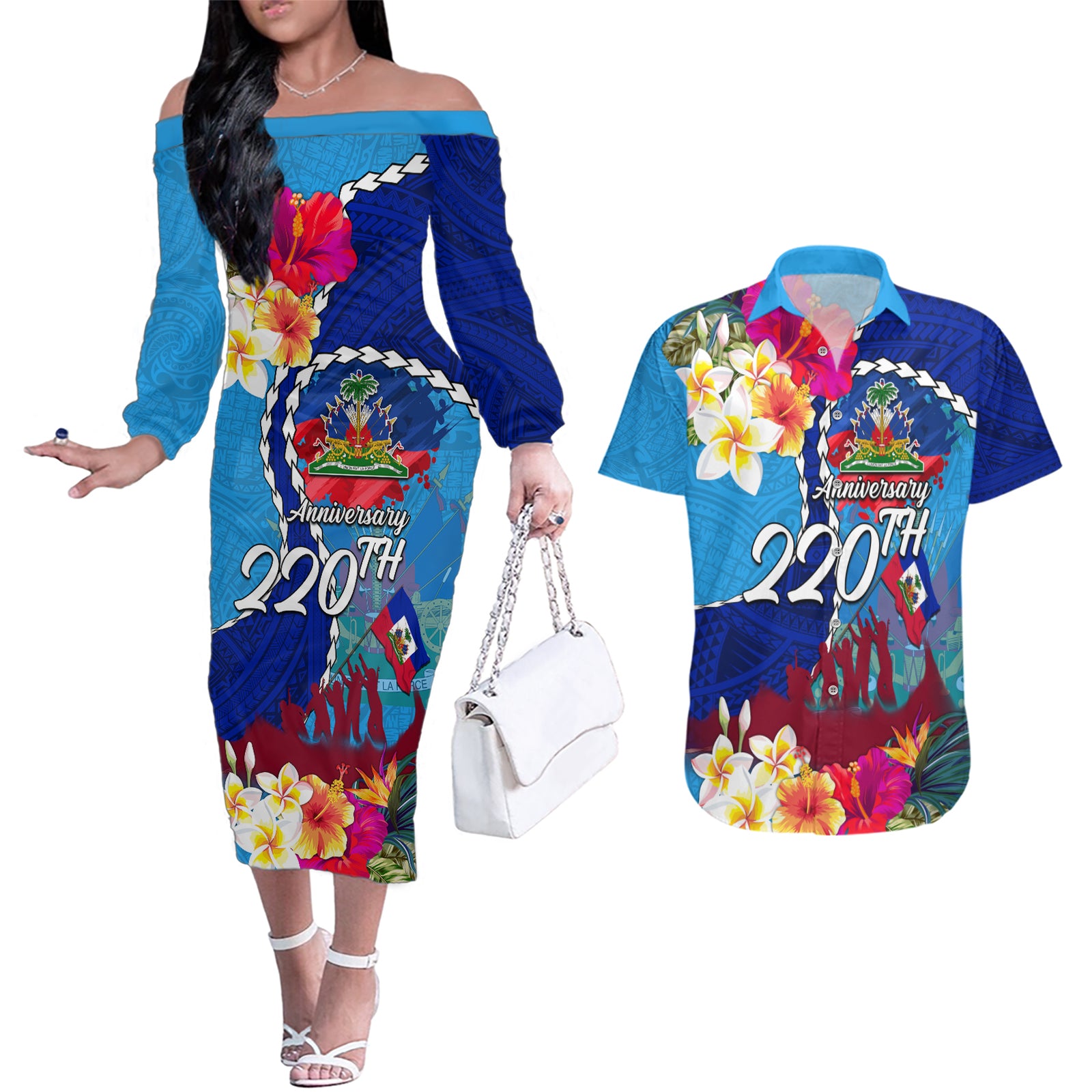 Personalised Haiti 220th Anniversary Independence Day Couples Matching Off The Shoulder Long Sleeve Dress and Hawaiian Shirt Ayiti Flower with Polynesian Pattern LT03 Blue - Polynesian Pride