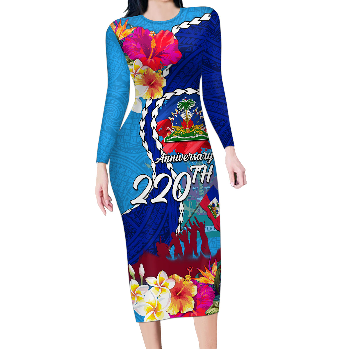 Personalised Haiti 220th Anniversary Independence Day Family Matching Long Sleeve Bodycon Dress and Hawaiian Shirt Ayiti Flower with Polynesian Pattern LT03 Mom's Dress Blue - Polynesian Pride