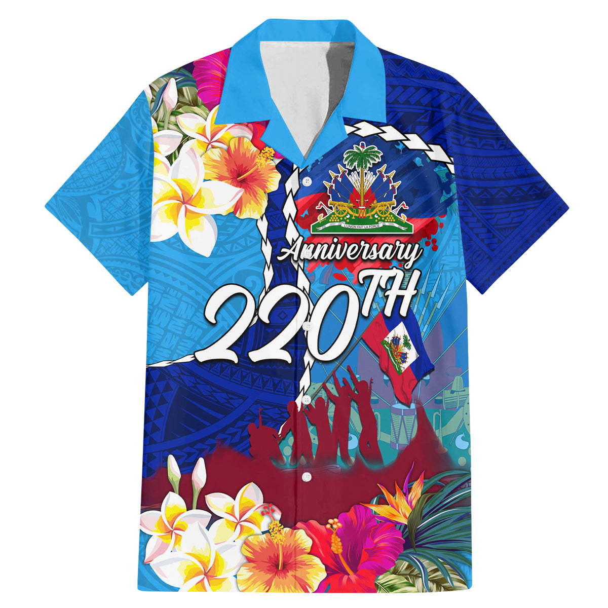 Personalised Haiti 220th Anniversary Independence Day Family Matching Mermaid Dress and Hawaiian Shirt Ayiti Flower with Polynesian Pattern LT03 Dad's Shirt - Short Sleeve Blue - Polynesian Pride