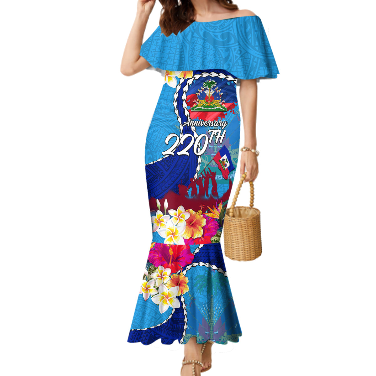 Personalised Haiti 220th Anniversary Independence Day Family Matching Mermaid Dress and Hawaiian Shirt Ayiti Flower with Polynesian Pattern LT03 Mom's Dress Blue - Polynesian Pride