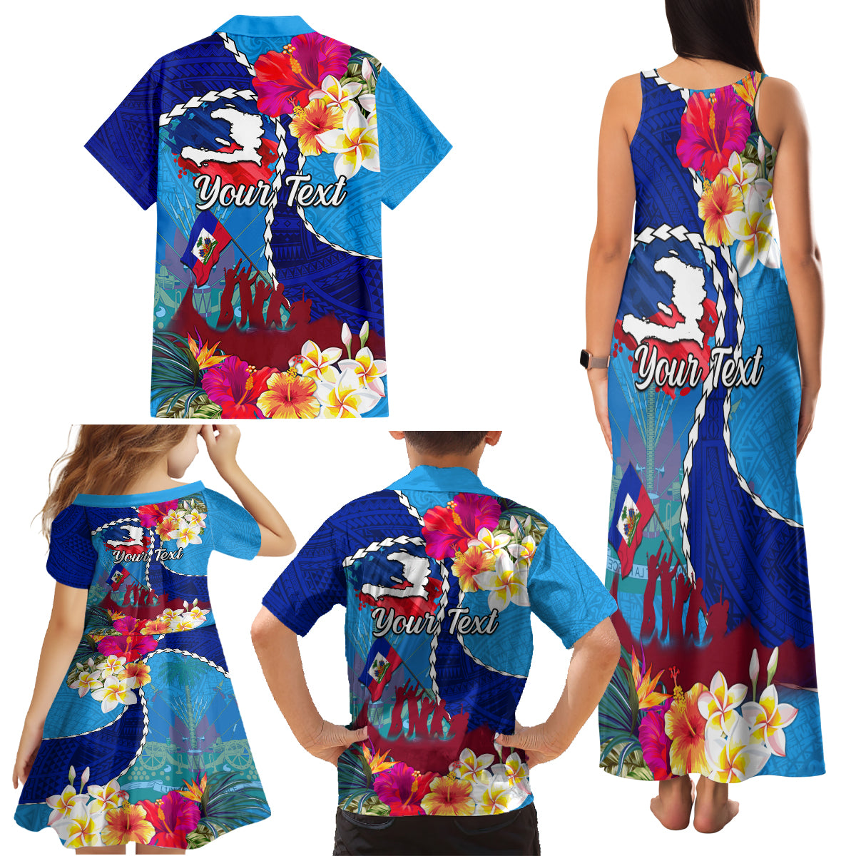 Personalised Haiti 220th Anniversary Independence Day Family Matching Tank Maxi Dress and Hawaiian Shirt Ayiti Flower with Polynesian Pattern LT03 - Polynesian Pride