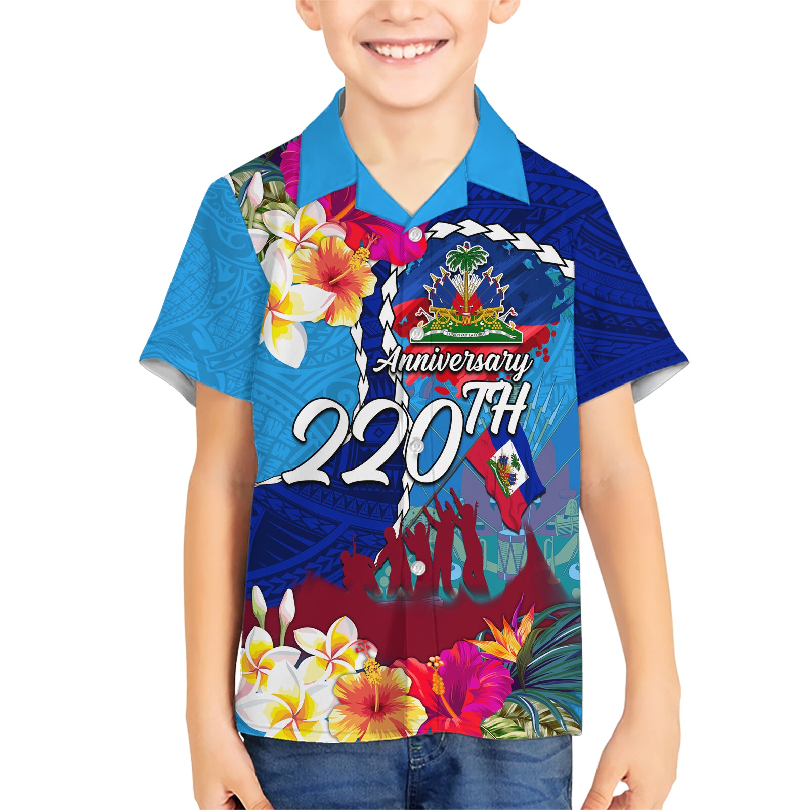 Personalised Haiti 220th Anniversary Independence Day Kid Hawaiian Shirt Ayiti Flower with Polynesian Pattern LT03 Kid Blue - Polynesian Pride