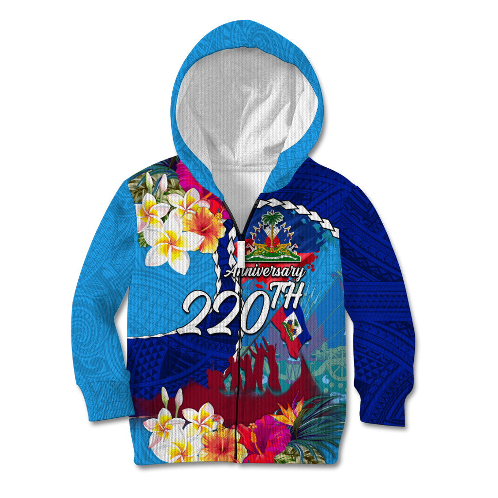 Personalised Haiti 220th Anniversary Independence Day Kid Hoodie Ayiti Flower with Polynesian Pattern LT03 Zip Hoodie Blue - Polynesian Pride