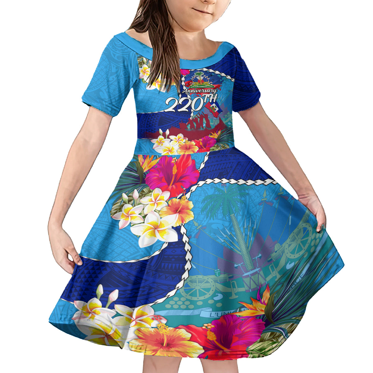 Personalised Haiti 220th Anniversary Independence Day Kid Short Sleeve Dress Ayiti Flower with Polynesian Pattern LT03 KID Blue - Polynesian Pride