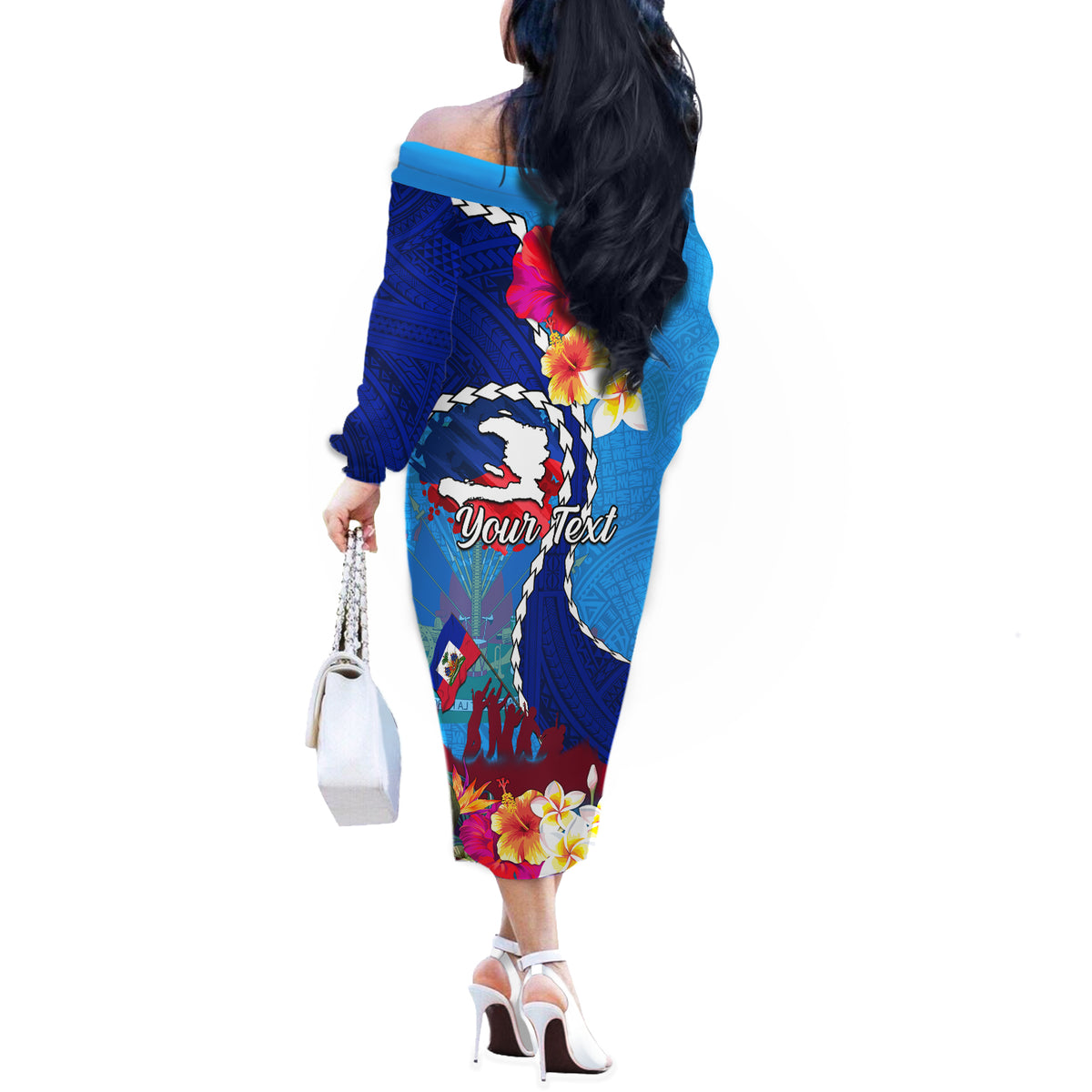Personalised Haiti 220th Anniversary Independence Day Off The Shoulder Long Sleeve Dress Ayiti Flower with Polynesian Pattern LT03 - Polynesian Pride