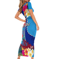 Personalised Haiti 220th Anniversary Independence Day Short Sleeve Bodycon Dress Ayiti Flower with Polynesian Pattern LT03 - Polynesian Pride
