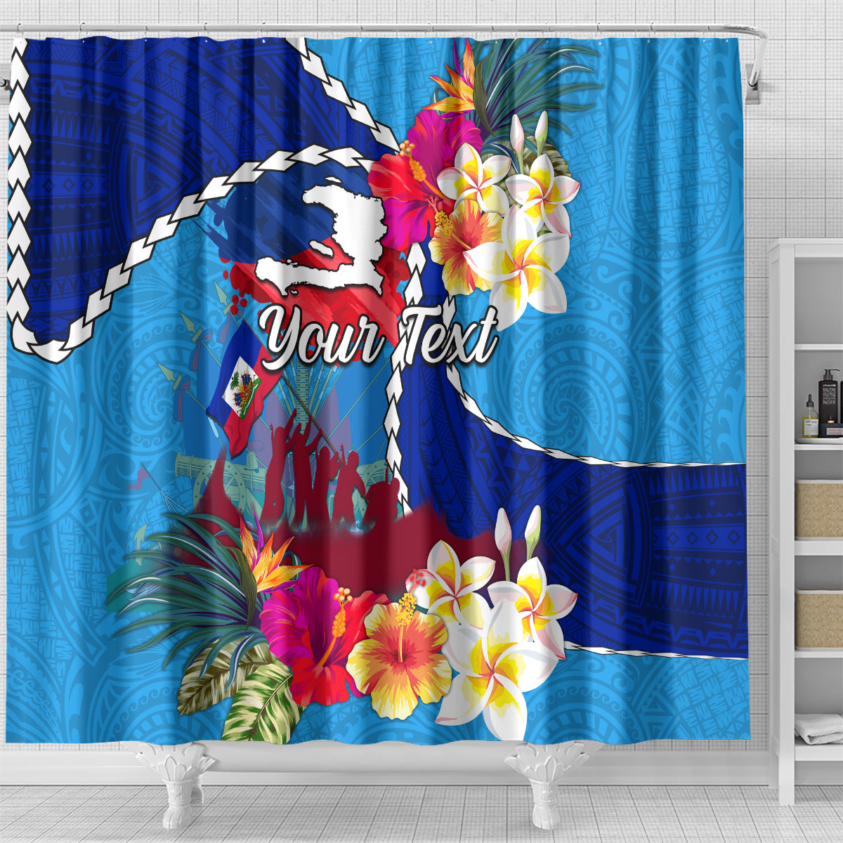 Personalised Haiti 220th Anniversary Independence Day Shower Curtain Ayiti Flower with Polynesian Pattern LT03 - Polynesian Pride