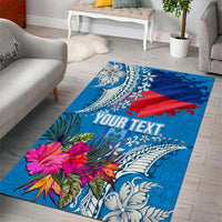 Personalised Haiti Coat Of Arms Area Rug Repiblik d Ayiti Tropical Flower Blue Polynesian Pattern LT03 - Polynesian Pride