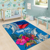 Personalised Haiti Coat Of Arms Area Rug Repiblik d Ayiti Tropical Flower Blue Polynesian Pattern LT03 - Polynesian Pride