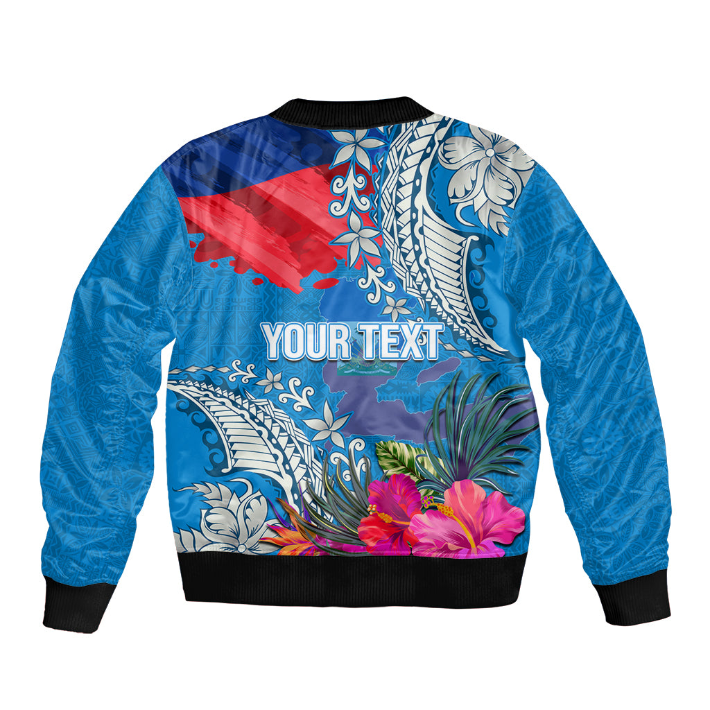Personalised Haiti Coat Of Arms Bomber Jacket Repiblik d Ayiti Tropical Flower Blue Polynesian Pattern LT03 - Polynesian Pride