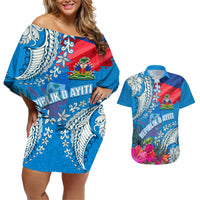 Personalised Haiti Coat Of Arms Couples Matching Off Shoulder Short Dress and Hawaiian Shirt Repiblik d Ayiti Tropical Flower Blue Polynesian Pattern LT03 Blue - Polynesian Pride
