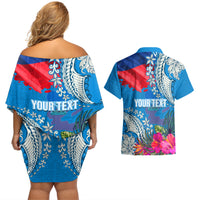 Personalised Haiti Coat Of Arms Couples Matching Off Shoulder Short Dress and Hawaiian Shirt Repiblik d Ayiti Tropical Flower Blue Polynesian Pattern LT03 - Polynesian Pride