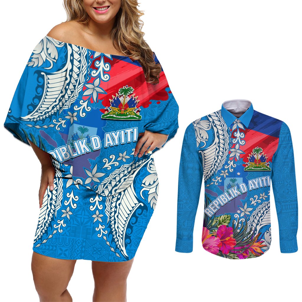 Personalised Haiti Coat Of Arms Couples Matching Off Shoulder Short Dress and Long Sleeve Button Shirt Repiblik d Ayiti Tropical Flower Blue Polynesian Pattern LT03 Blue - Polynesian Pride