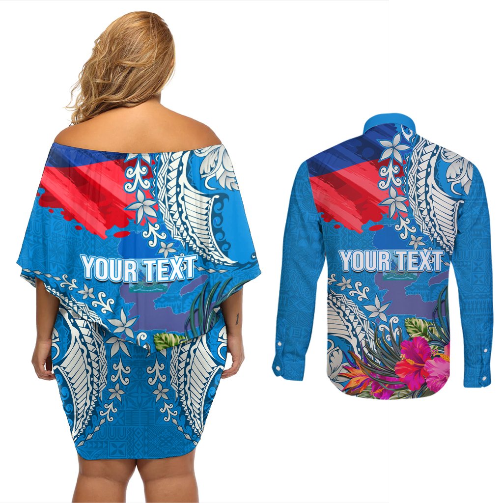 Personalised Haiti Coat Of Arms Couples Matching Off Shoulder Short Dress and Long Sleeve Button Shirt Repiblik d Ayiti Tropical Flower Blue Polynesian Pattern LT03 - Polynesian Pride