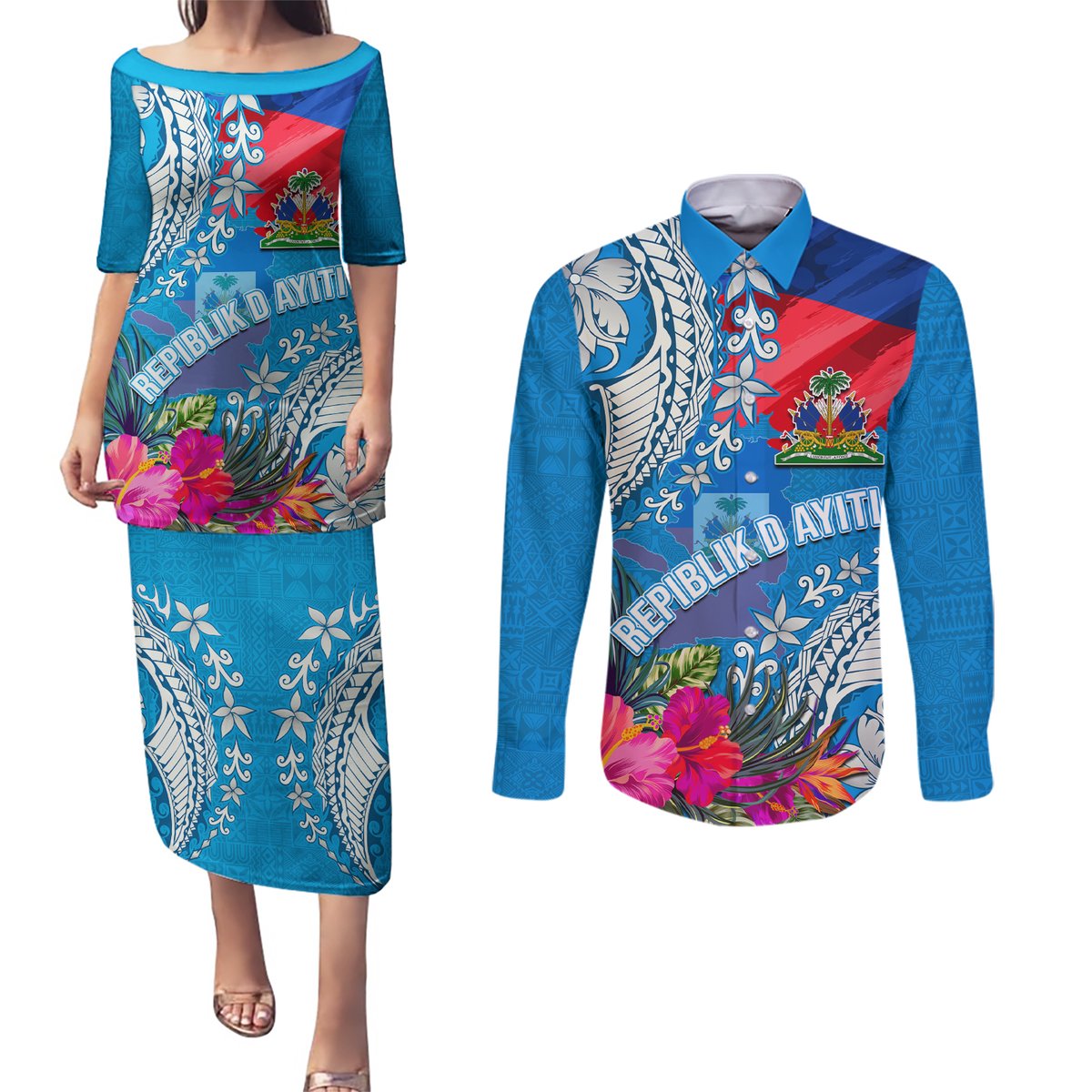 Personalised Haiti Coat Of Arms Couples Matching Puletasi Dress and Long Sleeve Button Shirt Repiblik d Ayiti Tropical Flower Blue Polynesian Pattern LT03 Blue - Polynesian Pride