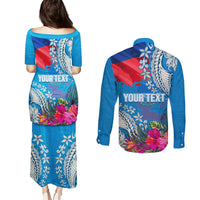 Personalised Haiti Coat Of Arms Couples Matching Puletasi Dress and Long Sleeve Button Shirt Repiblik d Ayiti Tropical Flower Blue Polynesian Pattern LT03 - Polynesian Pride