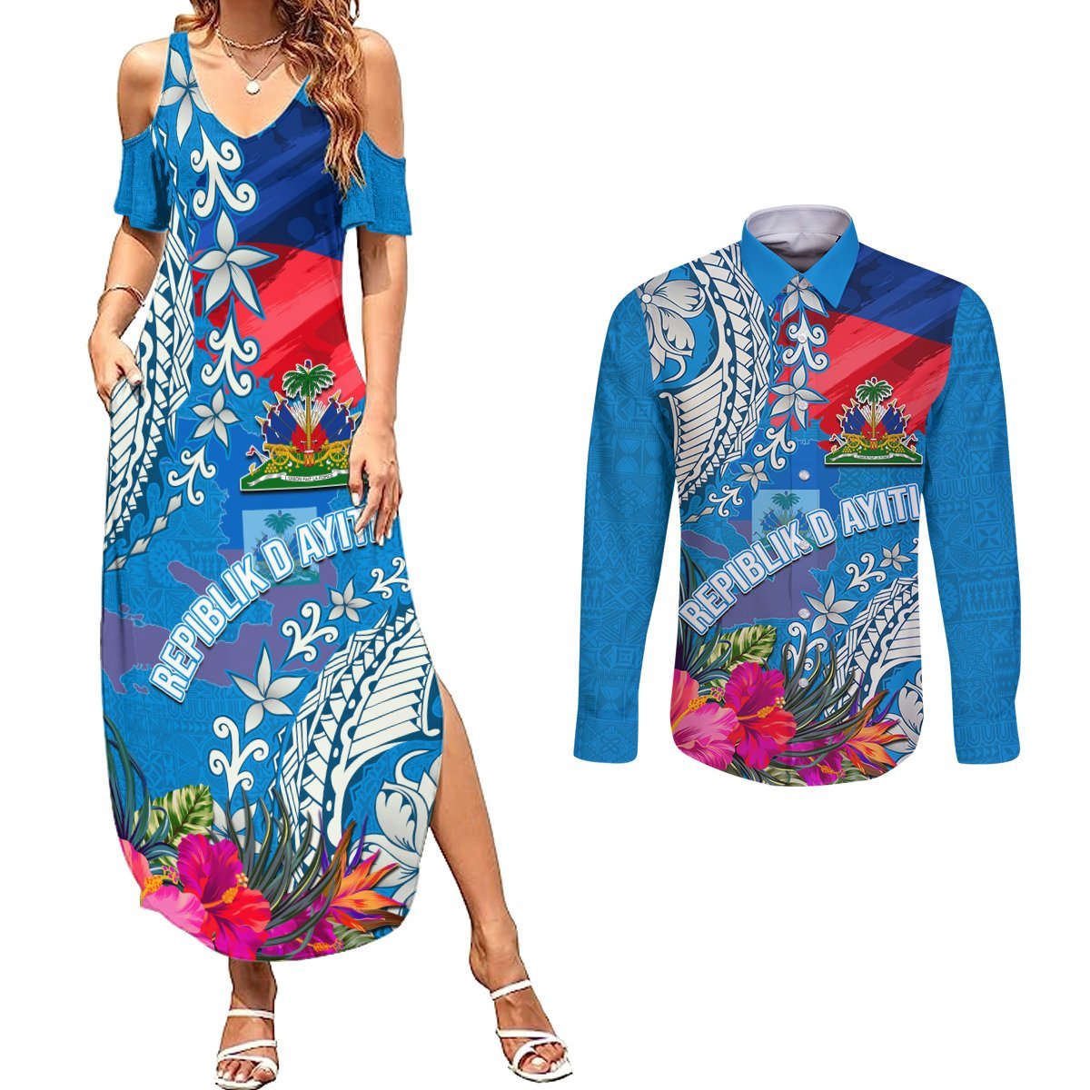 Personalised Haiti Coat Of Arms Couples Matching Summer Maxi Dress and Long Sleeve Button Shirt Repiblik d Ayiti Tropical Flower Blue Polynesian Pattern LT03 Blue - Polynesian Pride