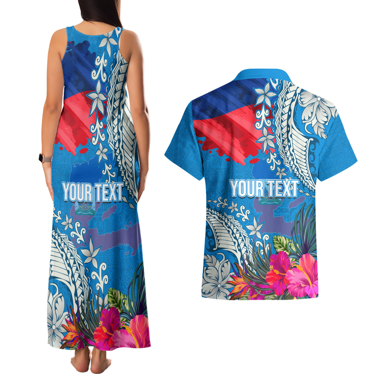 Personalised Haiti Coat Of Arms Couples Matching Tank Maxi Dress and Hawaiian Shirt Repiblik d Ayiti Tropical Flower Blue Polynesian Pattern LT03 - Polynesian Pride
