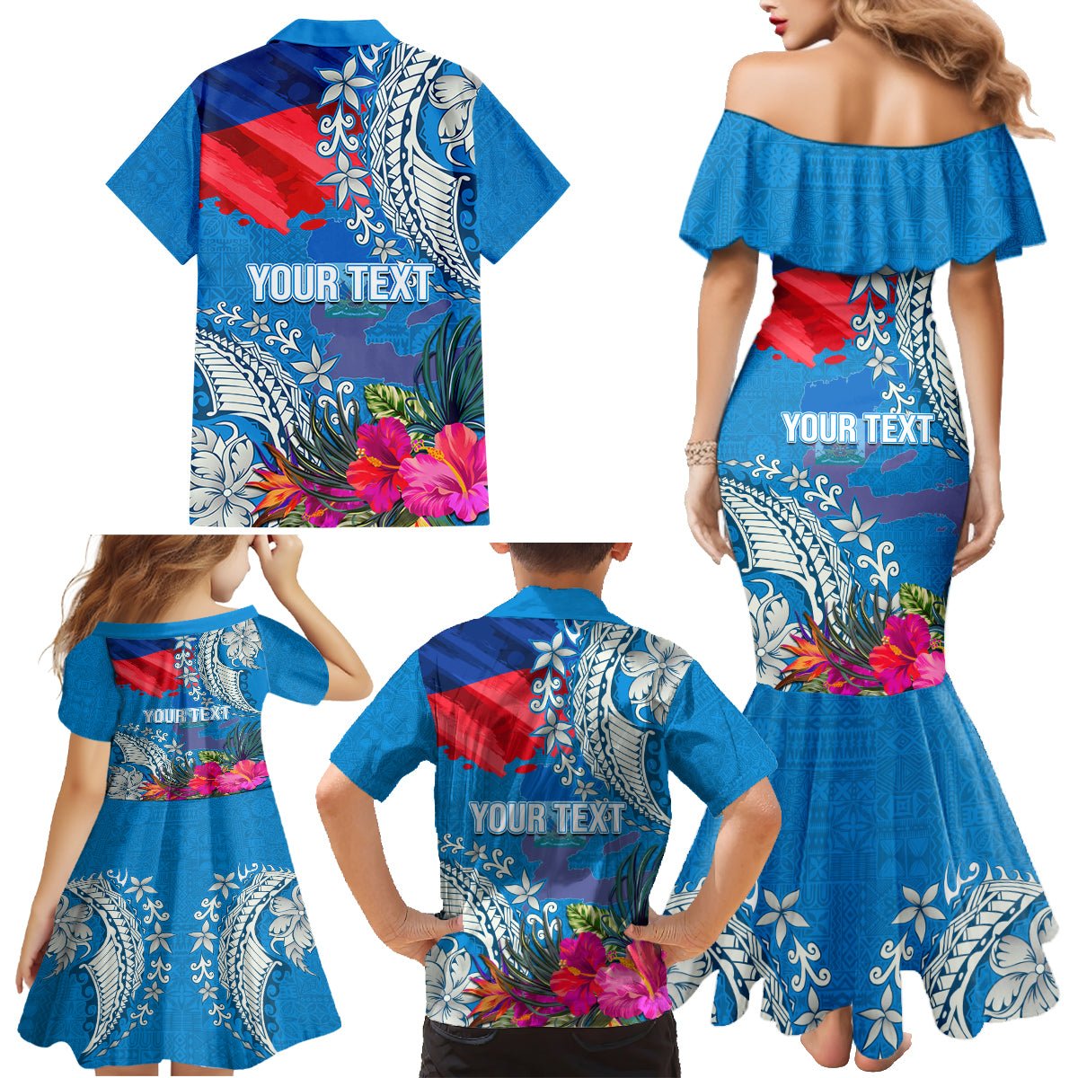 Personalised Haiti Coat Of Arms Family Matching Mermaid Dress and Hawaiian Shirt Repiblik d Ayiti Tropical Flower Blue Polynesian Pattern LT03 - Polynesian Pride