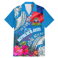 Personalised Haiti Coat Of Arms Family Matching Mermaid Dress and Hawaiian Shirt Repiblik d Ayiti Tropical Flower Blue Polynesian Pattern LT03 Dad's Shirt - Short Sleeve Blue - Polynesian Pride