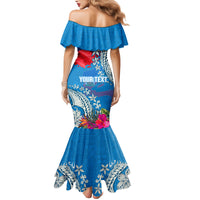 Personalised Haiti Coat Of Arms Family Matching Mermaid Dress and Hawaiian Shirt Repiblik d Ayiti Tropical Flower Blue Polynesian Pattern LT03 - Polynesian Pride