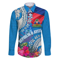 Personalised Haiti Coat Of Arms Family Matching Off Shoulder Long Sleeve Dress and Hawaiian Shirt Repiblik d Ayiti Tropical Flower Blue Polynesian Pattern LT03 Dad's Shirt - Long Sleeve Blue - Polynesian Pride