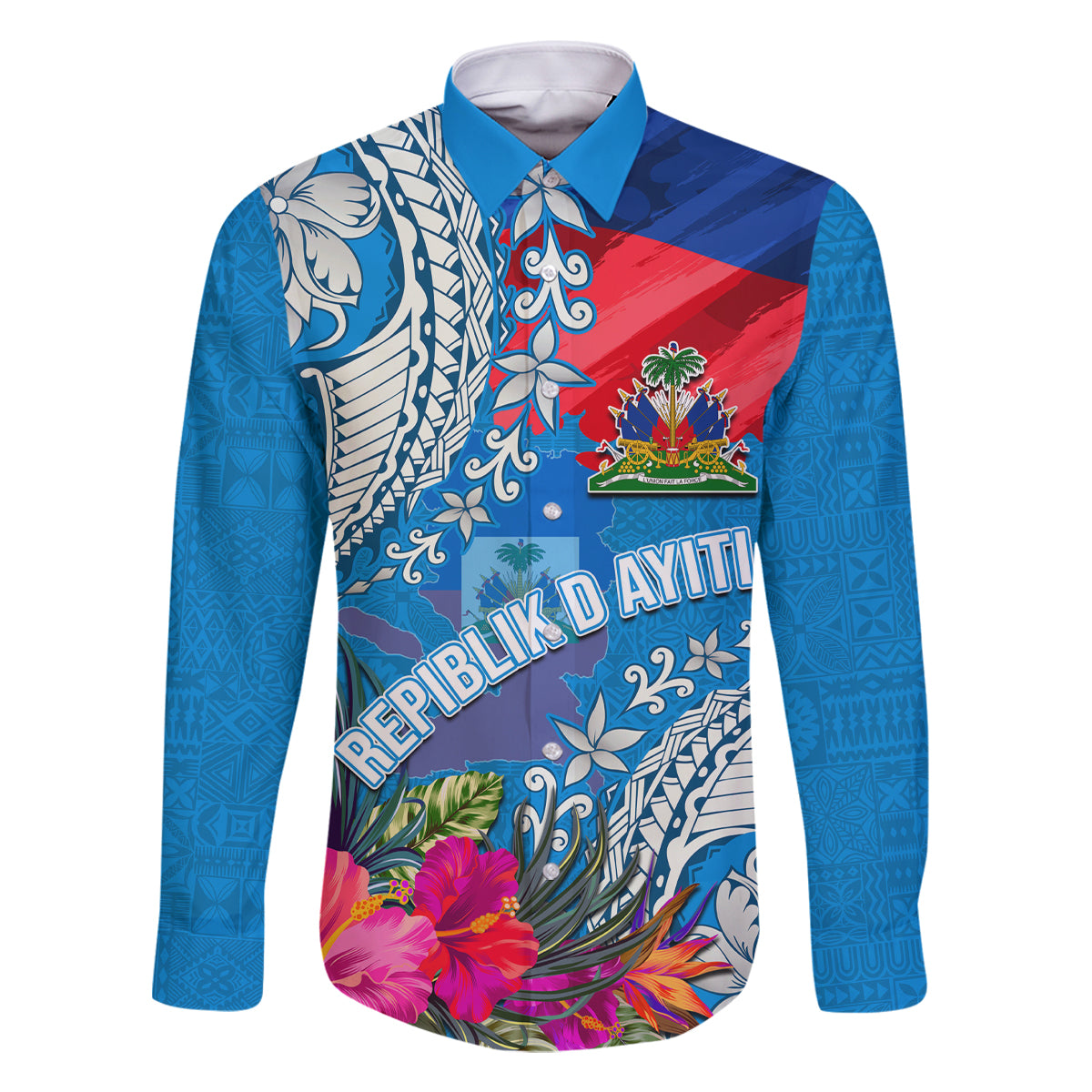 Personalised Haiti Coat Of Arms Family Matching Off Shoulder Short Dress and Hawaiian Shirt Repiblik d Ayiti Tropical Flower Blue Polynesian Pattern LT03 Dad's Shirt - Long Sleeve Blue - Polynesian Pride