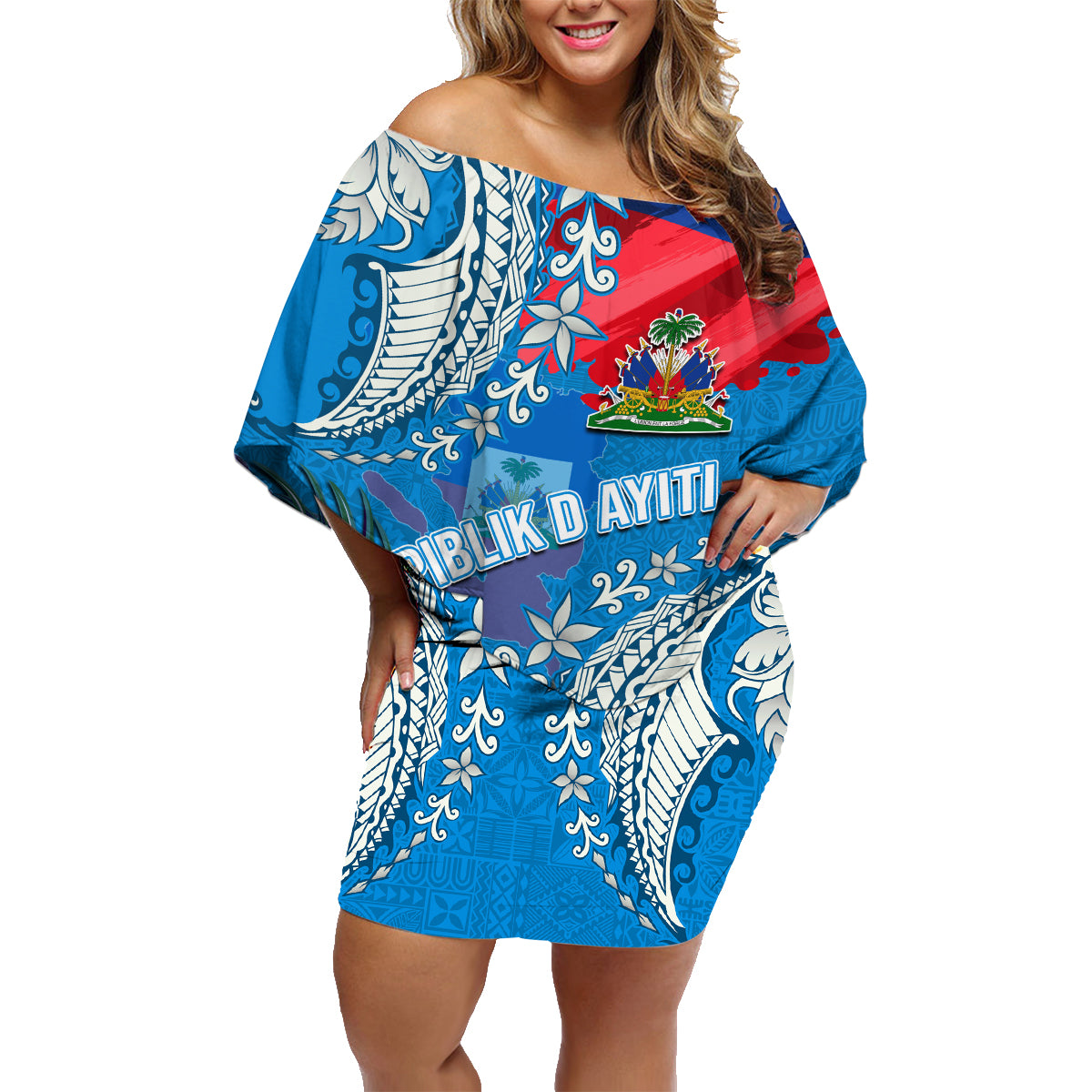 Personalised Haiti Coat Of Arms Family Matching Off Shoulder Short Dress and Hawaiian Shirt Repiblik d Ayiti Tropical Flower Blue Polynesian Pattern LT03 Mom's Dress Blue - Polynesian Pride