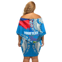 Personalised Haiti Coat Of Arms Family Matching Off Shoulder Short Dress and Hawaiian Shirt Repiblik d Ayiti Tropical Flower Blue Polynesian Pattern LT03 - Polynesian Pride