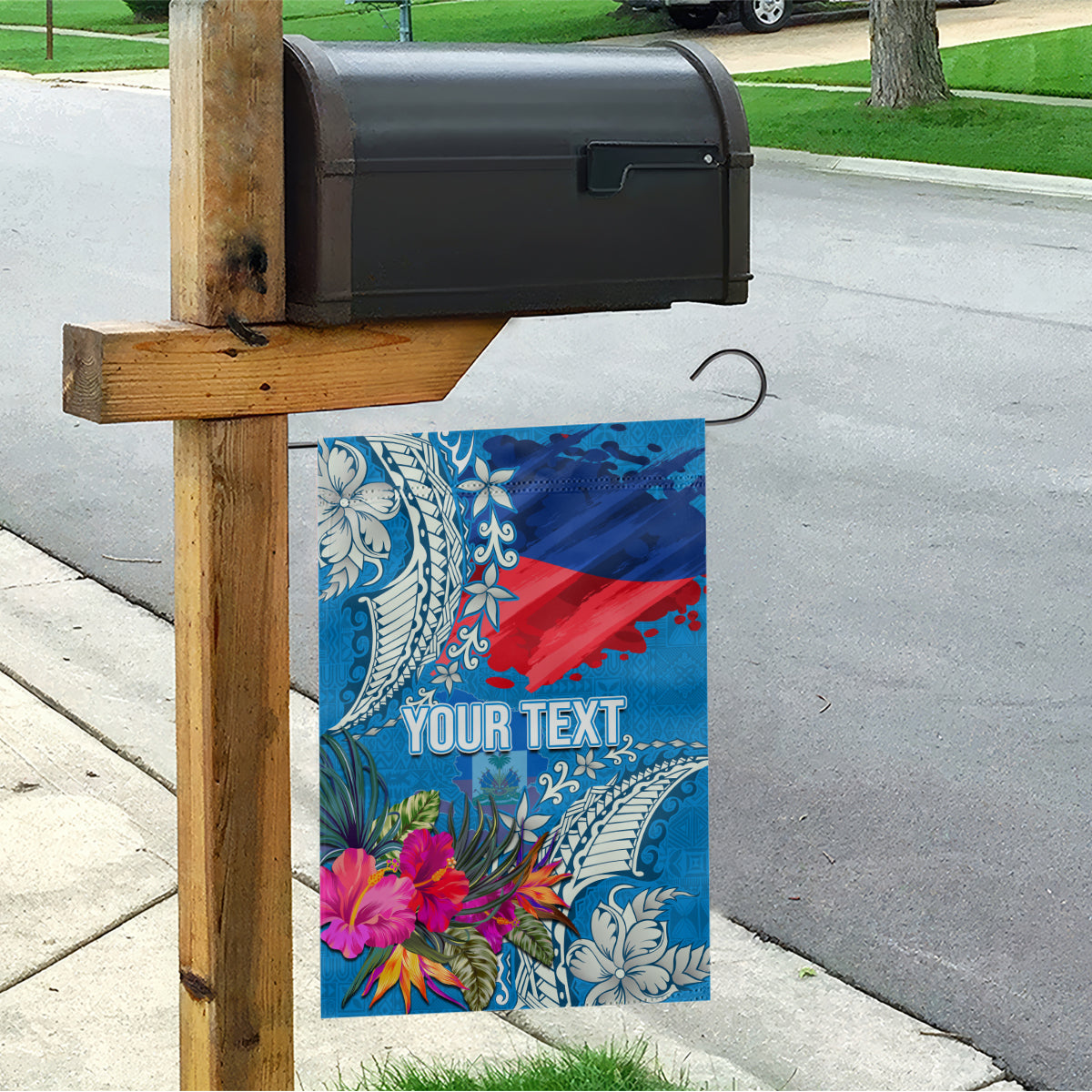 Personalised Haiti Coat Of Arms Garden Flag Repiblik d Ayiti Tropical Flower Blue Polynesian Pattern LT03 - Polynesian Pride