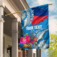 Personalised Haiti Coat Of Arms Garden Flag Repiblik d Ayiti Tropical Flower Blue Polynesian Pattern LT03 House Flag Blue - Polynesian Pride