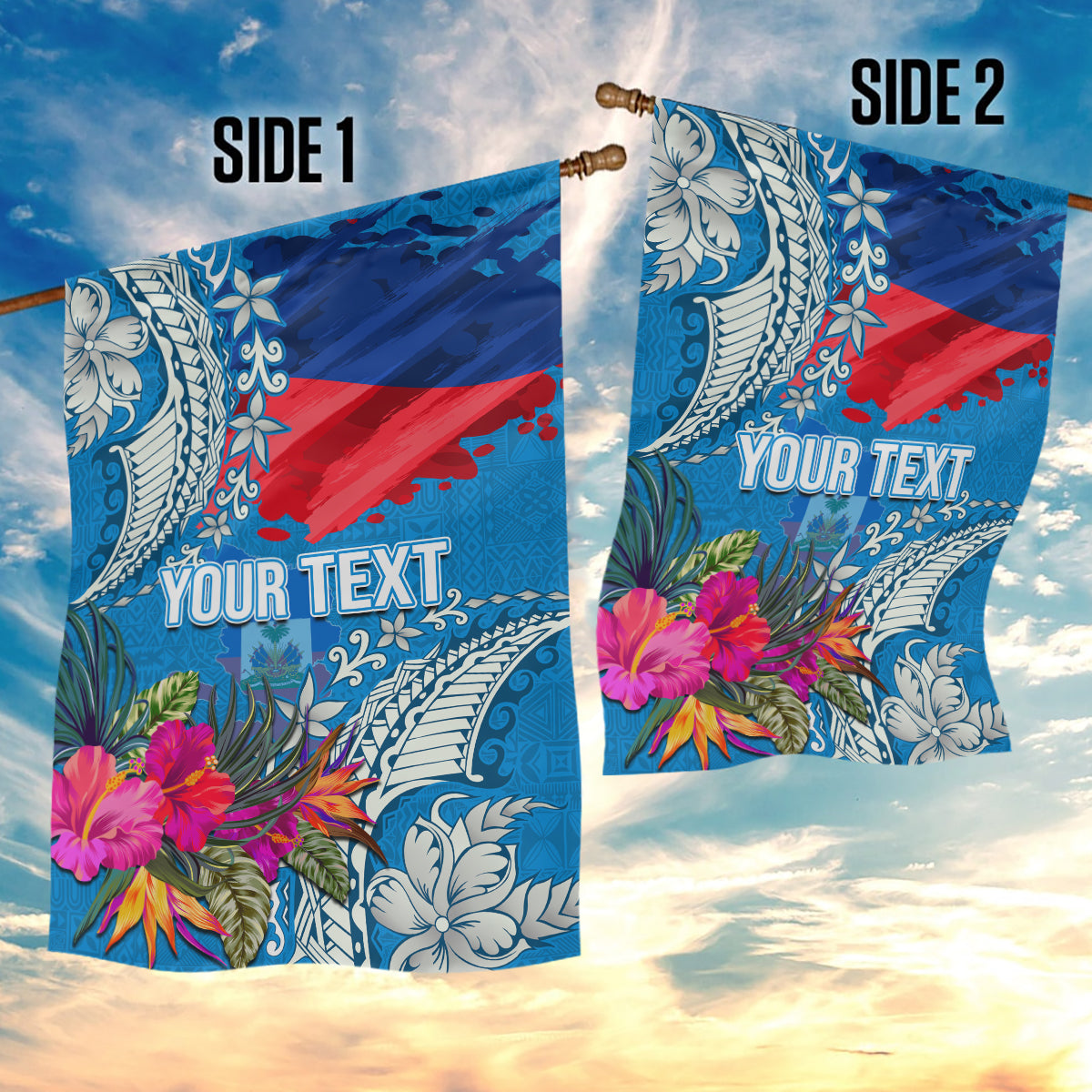 Personalised Haiti Coat Of Arms Garden Flag Repiblik d Ayiti Tropical Flower Blue Polynesian Pattern LT03 - Polynesian Pride