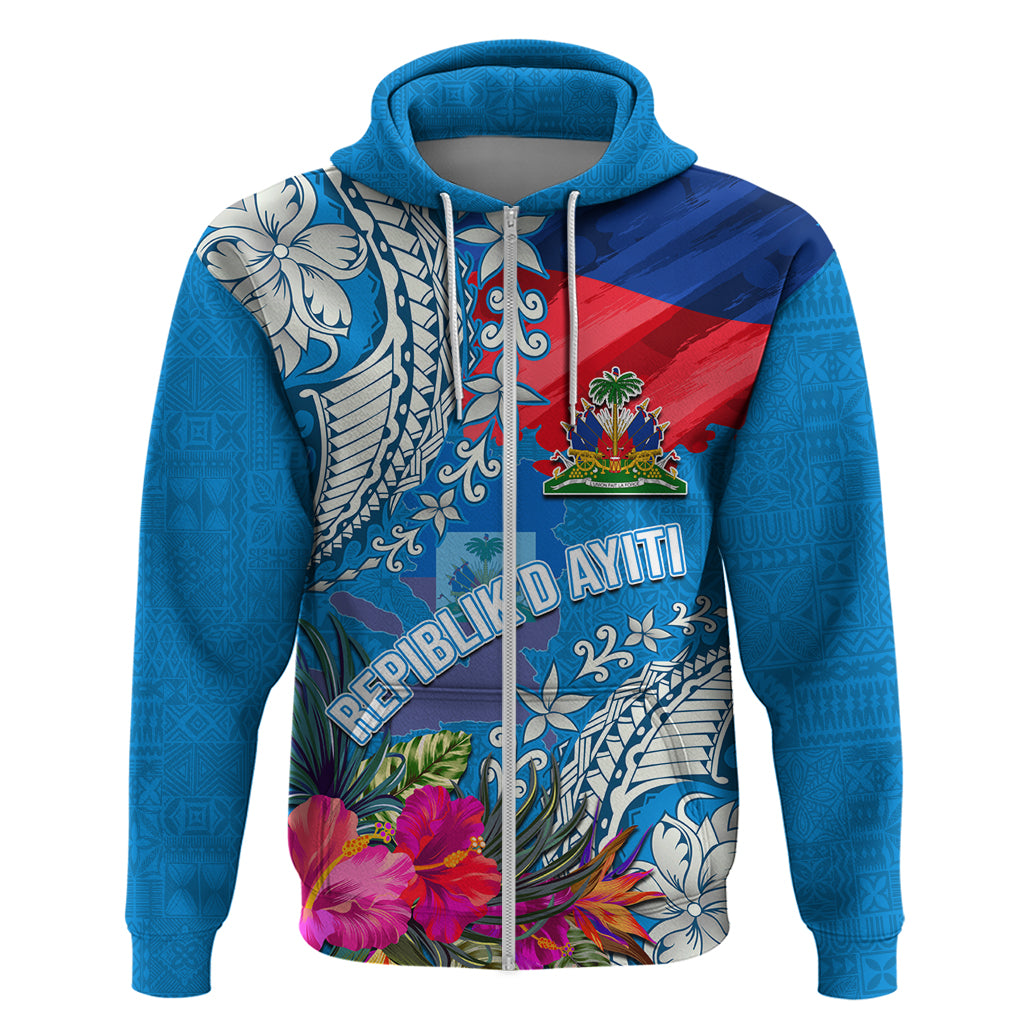 Personalised Haiti Coat Of Arms Hoodie Repiblik d Ayiti Tropical Flower Blue Polynesian Pattern LT03 Zip Hoodie Blue - Polynesian Pride