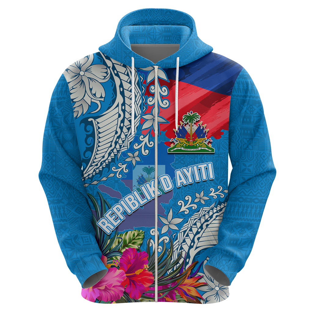 Personalised Haiti Coat Of Arms Hoodie Repiblik d Ayiti Tropical Flower Blue Polynesian Pattern LT03 - Polynesian Pride