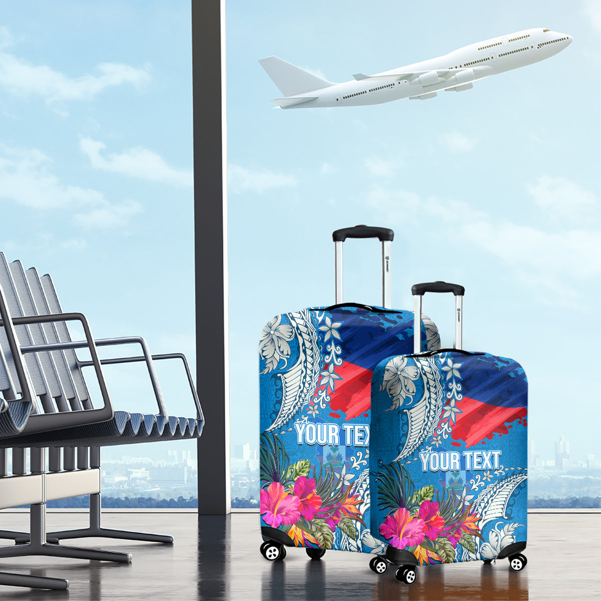 Personalised Haiti Coat Of Arms Luggage Cover Repiblik d Ayiti Tropical Flower Blue Polynesian Pattern LT03 - Polynesian Pride