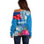Personalised Haiti Coat Of Arms Off Shoulder Sweater Repiblik d Ayiti Tropical Flower Blue Polynesian Pattern LT03 - Polynesian Pride