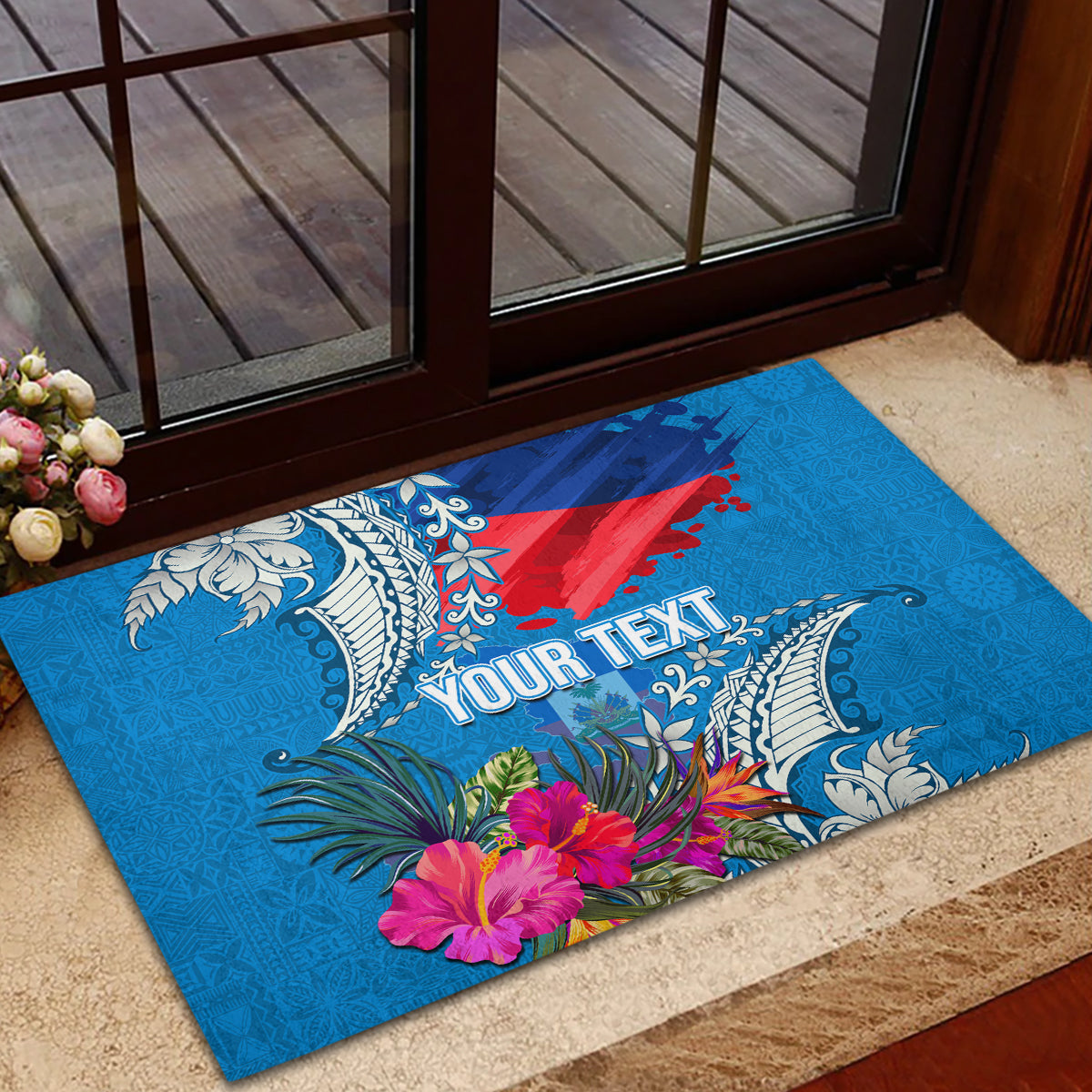 Personalised Haiti Coat Of Arms Rubber Doormat Repiblik d Ayiti Tropical Flower Blue Polynesian Pattern LT03 - Polynesian Pride