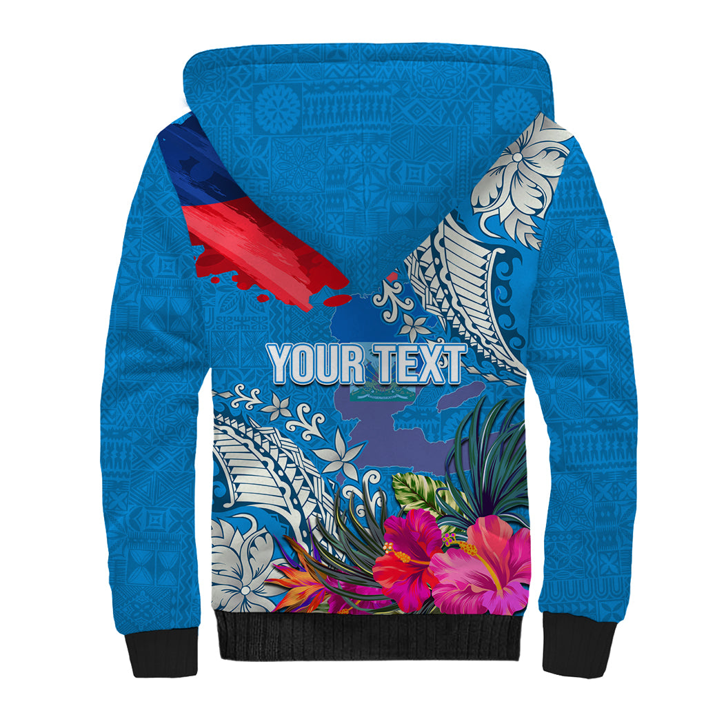 Personalised Haiti Coat Of Arms Sherpa Hoodie Repiblik d Ayiti Tropical Flower Blue Polynesian Pattern LT03 - Polynesian Pride
