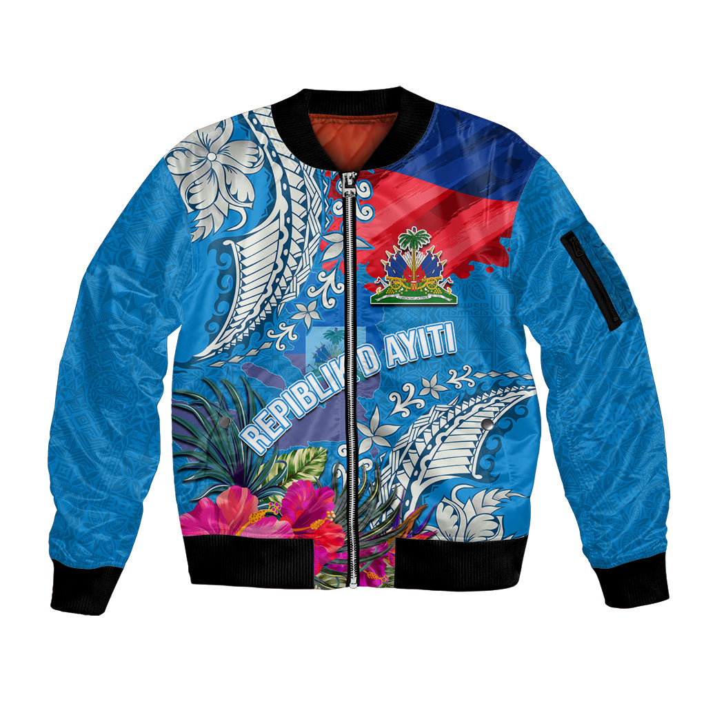 Personalised Haiti Coat Of Arms Sleeve Zip Bomber Jacket Repiblik d Ayiti Tropical Flower Blue Polynesian Pattern LT03 Unisex Blue - Polynesian Pride