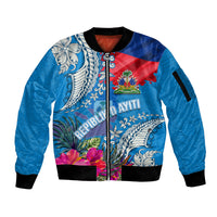 Personalised Haiti Coat Of Arms Sleeve Zip Bomber Jacket Repiblik d Ayiti Tropical Flower Blue Polynesian Pattern LT03 Unisex Blue - Polynesian Pride