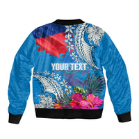 Personalised Haiti Coat Of Arms Sleeve Zip Bomber Jacket Repiblik d Ayiti Tropical Flower Blue Polynesian Pattern LT03 - Polynesian Pride