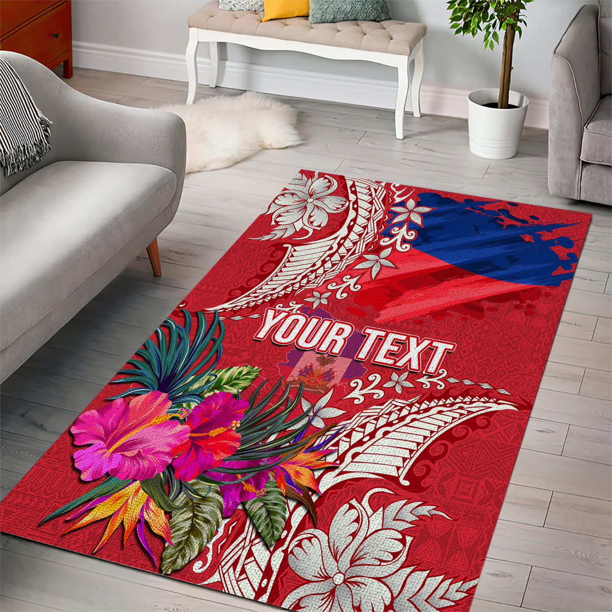 Personalised Haiti Coat Of Arms Area Rug Repiblik d Ayiti Tropical Flower Red Polynesian Pattern LT03 - Polynesian Pride