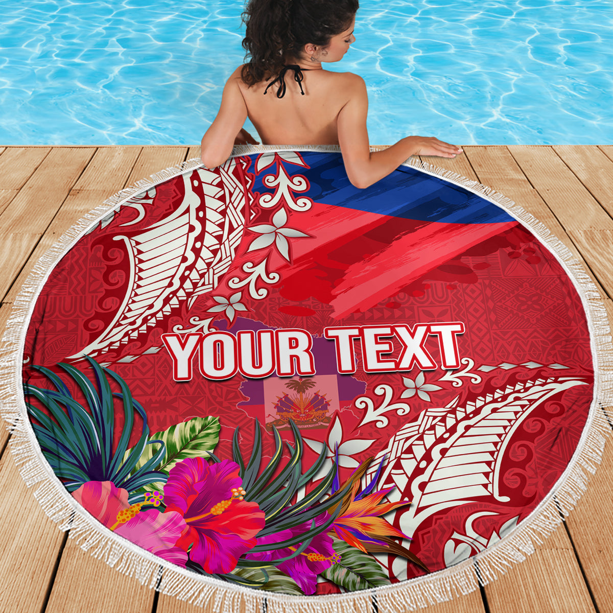 Personalised Haiti Coat Of Arms Beach Blanket Repiblik d Ayiti Tropical Flower Red Polynesian Pattern LT03 - Polynesian Pride