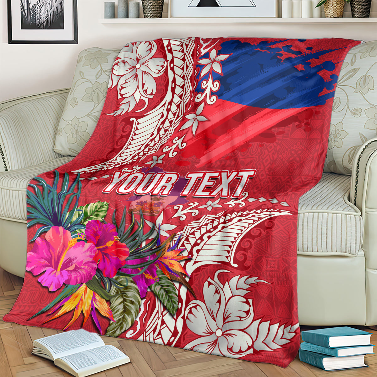 Personalised Haiti Coat Of Arms Blanket Repiblik d Ayiti Tropical Flower Red Polynesian Pattern LT03 - Polynesian Pride
