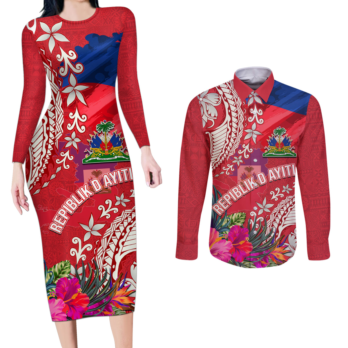 Personalised Haiti Coat Of Arms Couples Matching Long Sleeve Bodycon Dress and Long Sleeve Button Shirt Repiblik d Ayiti Tropical Flower Red Polynesian Pattern LT03 Red - Polynesian Pride